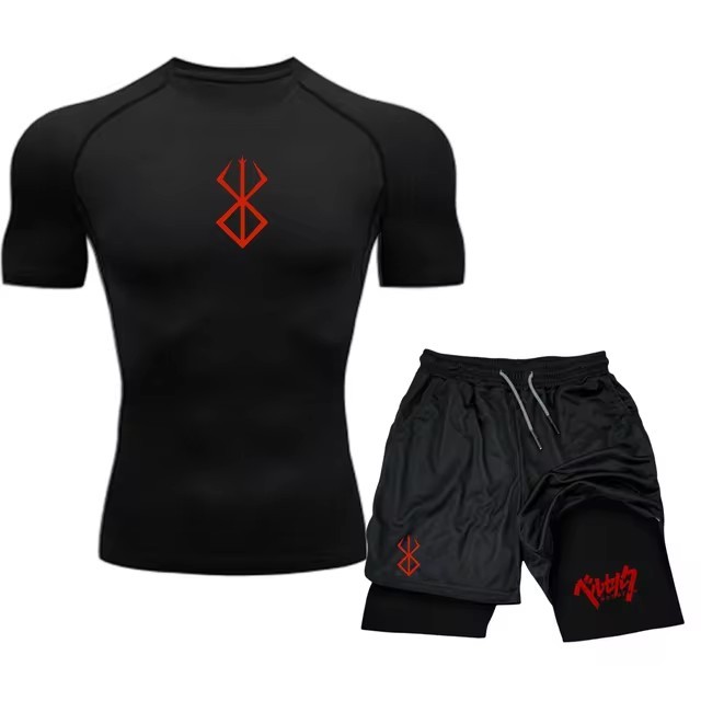 Masculino apertado roupas esportivas de Fitness de manga curta camiseta terno esportivo Goku 2 peças treinamento Jogging Shorts 2-em-1 Fitness roupas esportivas