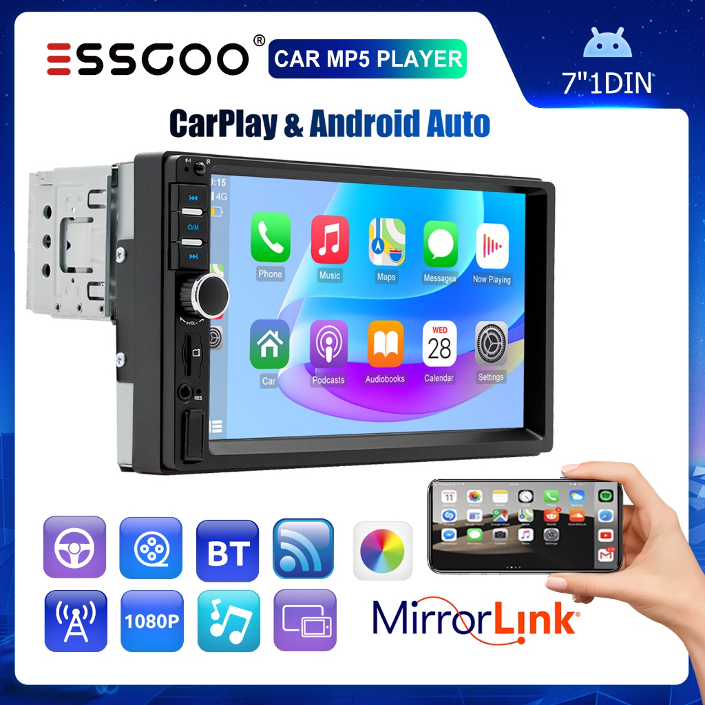 ESSGOO 1Din Rádio Para Carro 7 Polegadas Carplay E Android Tela De Toque Automática MP5 Mirror Link Central MP5 Player Bluetooth Receptor FM USB/AUX Autoradio - Automobiles