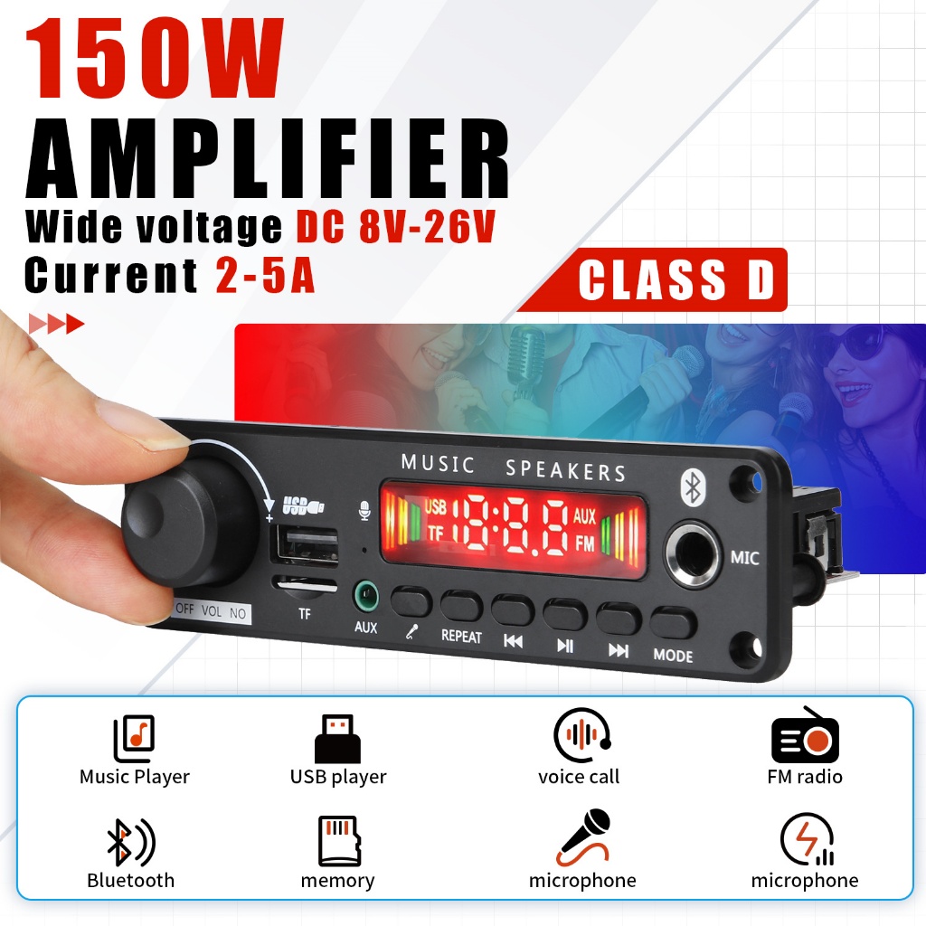 Placa mp3 bluetooth 12V  amplificada 150w 160w  Car Audio Microphone USB TF FM Radio Music Player Speaker DC 12V