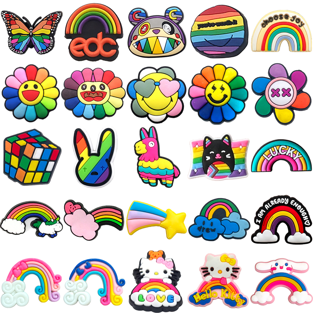 28 Estilos Conheça O Arco-Íris Tênis Encantos Sandálias Pingente Botão Original Sapato Tamanco Pinos Presentes Para Amig