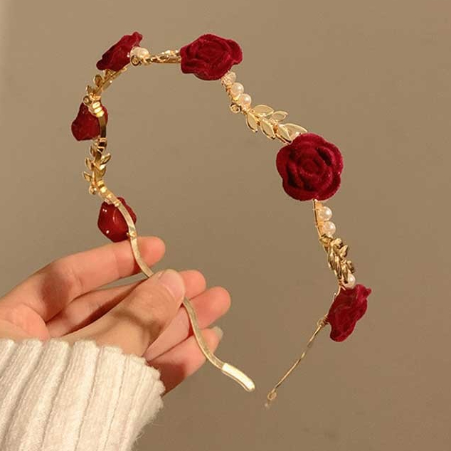 Francês Retro rosa flor vermelha pérola bandana High-End único nicho bandana em Oferta na Shopee