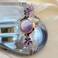 Diamante Cravejado De Flores Diamantes Coloridos Simples E Elegante Pulseira Com Cordão Relógio De Quartzo Feminino