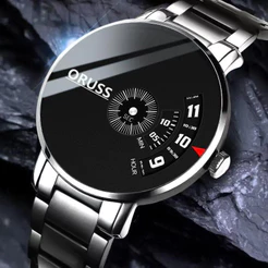 ORUSS Original masculino de aço inoxidável luxo à prova dwaterproof água única moda prata/preto relógio versão coreana