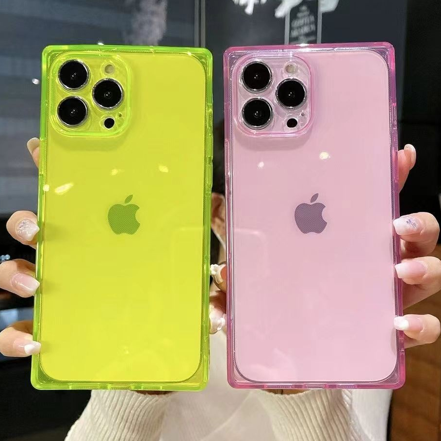 Verde Fluorescente Borda Quadrada Macio Transparente TPU Caso De Telefone Para IPhone 16 1...