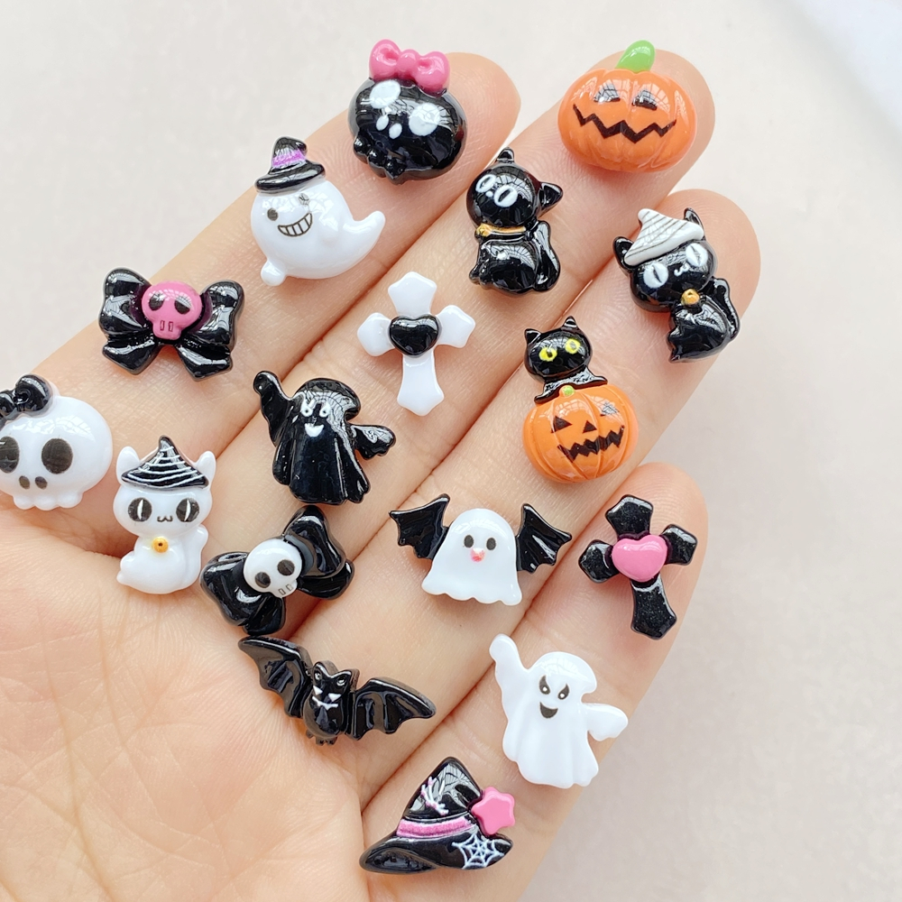 Conjunto de acessórios de Manicure de resina de Halloween de 20 peças - Mini morcego, abóbora, caveira, chapéu de bruxa, estátua de fantasma e gato, usado para álbum de recortes, arte de Manicure DIY e acessórios de artesanato sazonal