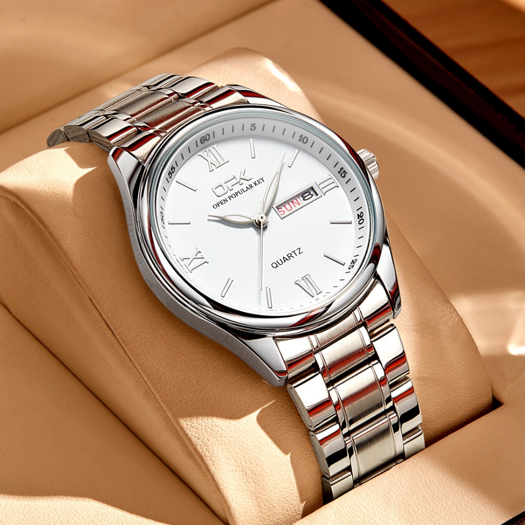 OLEVS Relogio Masculino Original À Prova D'água Negócios Prata Inoxidável Luminoso Duplo Calendário Autêntico 8123 - Watches