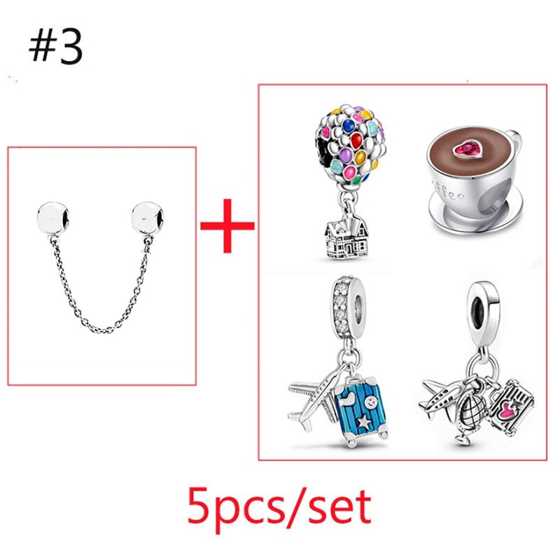 SF  Berloque 5pcs/set Nova Prata 925 Encantos Avião Azul Maleta Cor-De-Rosa Palma Pingente Para Pulseira Acessórios "