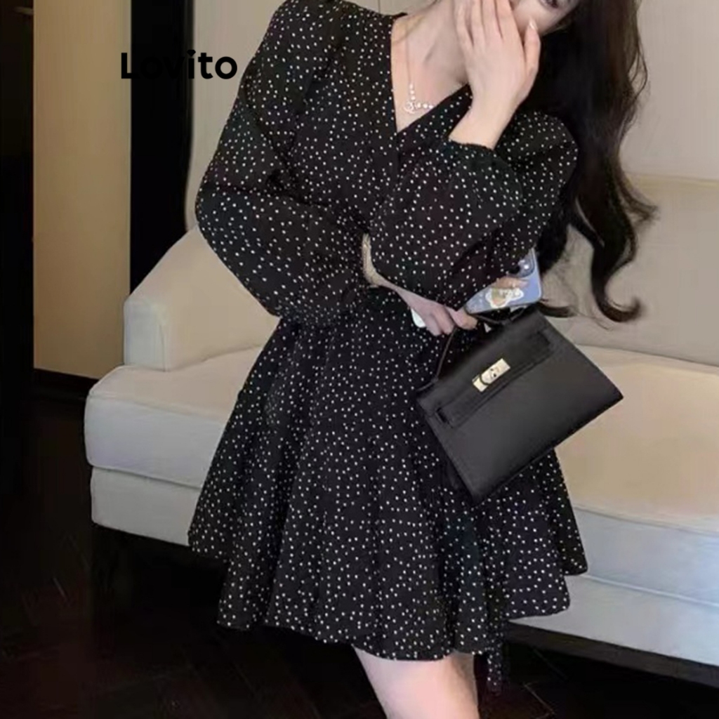 Detalhes do Lovito Refine Vestido Casual Feminino de Bolinhas com Manga Bufante LNE27238 (Multicolorido)