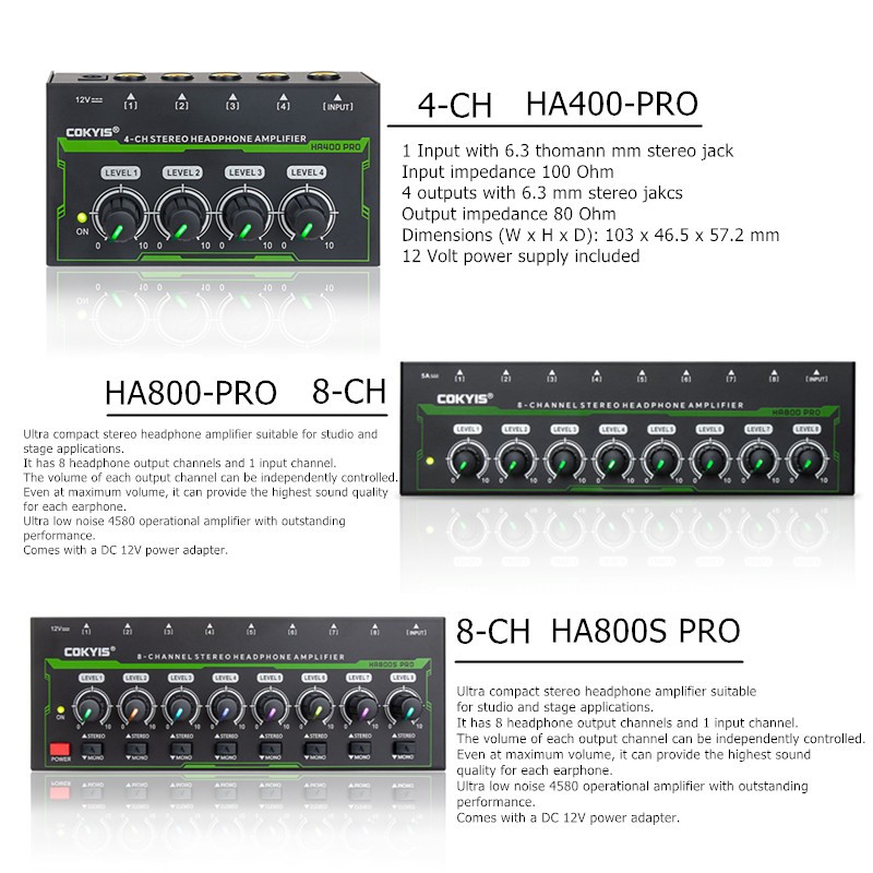 HA400/HA800/HA800S PRO 4/8 CH Amplificador De Fones De Ouvido Estéreo 6.3 Mm Controle De Volume Luz RGB Ue