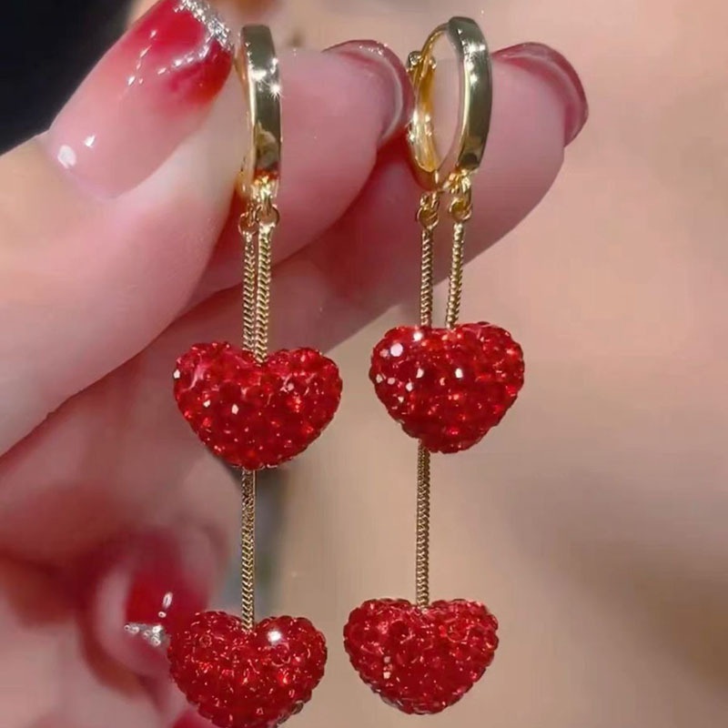 Kroean Boa Sorte Vermelho Amor Coração Strass Orelha Longa Brincos De Argola Pendurados Joias Femininas