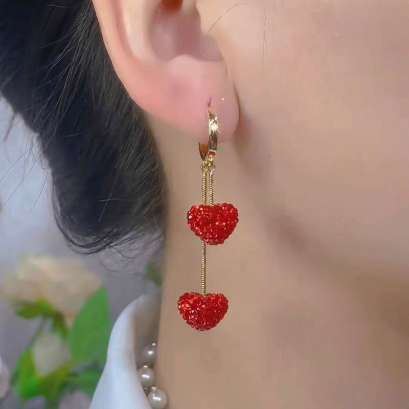 Brinco Feminino Pendente Coração Vermelho Strass Brilhante Festa Elegante