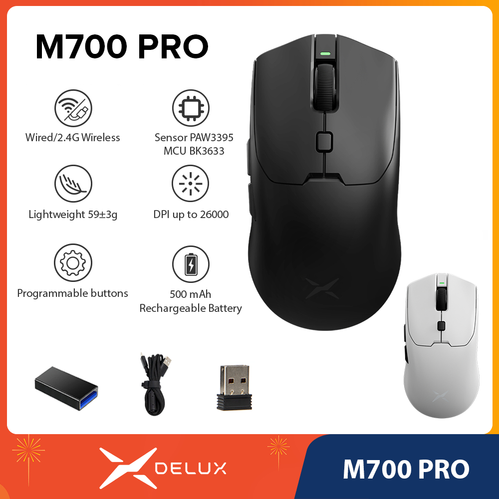 DELUX M700 PRO PAW3395 26000DPI 50G ACC Mouse Para Jogos Sem Fio Programável 59g Leve Com PC Gamer