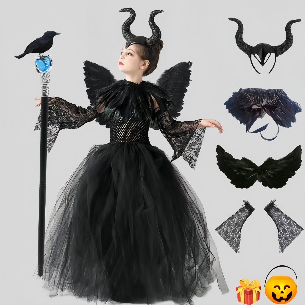 2026 Malévola Crianças Fantasia De Halloween Meninas Carnaval Cosplay Preto Roxo Trajes De Bruxa Tipo Rainha Malha Vesti