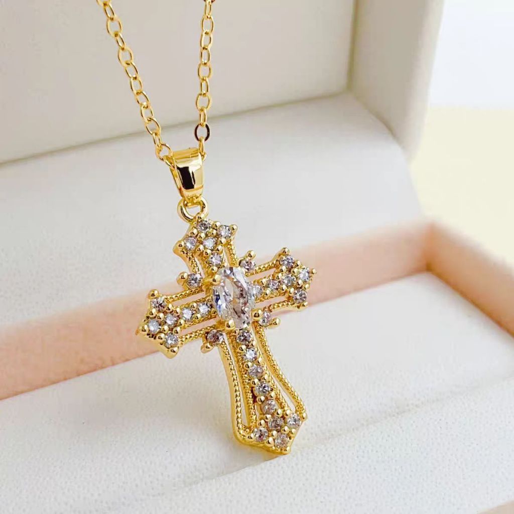 Boa Sorte Elegante Punk Moda Pedra Preciosa Flor Cruz Diamante Charme Pingente Colar Feminino Jóias Presente