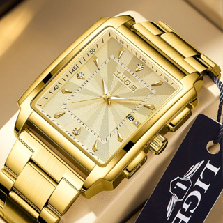 LIGE Relógio Masculino Moda Quadrado Luxo Ouro Aço Inoxidável De Quartzo À Prova D'água em Oferta na Shopee