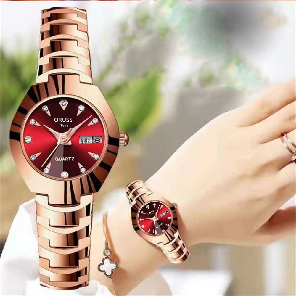 ORUSS Original Feminino Aço Inoxidável Calendário Duplo Luxo À Prova D 'Água Mod
