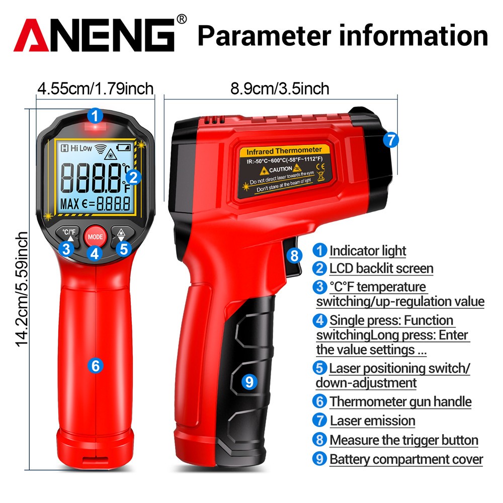 ANENG TH202 Termômetro Infravermelho Trend Novo - Pistola de Temperatura sem Contato com Display LCD Retroiluminado,