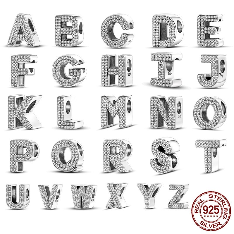 Berloque Prata 925 Letra 26 Contas Charms Diamantes Carta A-z Charme Encantos Zircão Para Pulseira Pingente