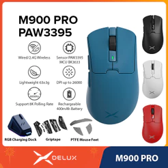Delux M900 PRO PAW3395 Mouse Para Jogos Azul DPI MAX 26000 Com Fio 2.4G Sem Recarregável Base De Carregamento Magnética