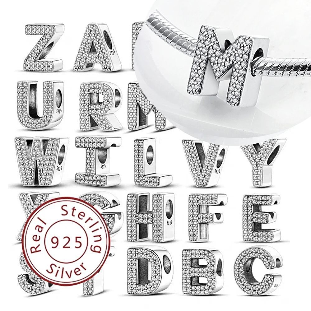Separador Berloque Prata 925 Letras 26 Original Diamantes Encantos Alfabeto Zircão Contas Charme Para Pulseira Jóias DIY