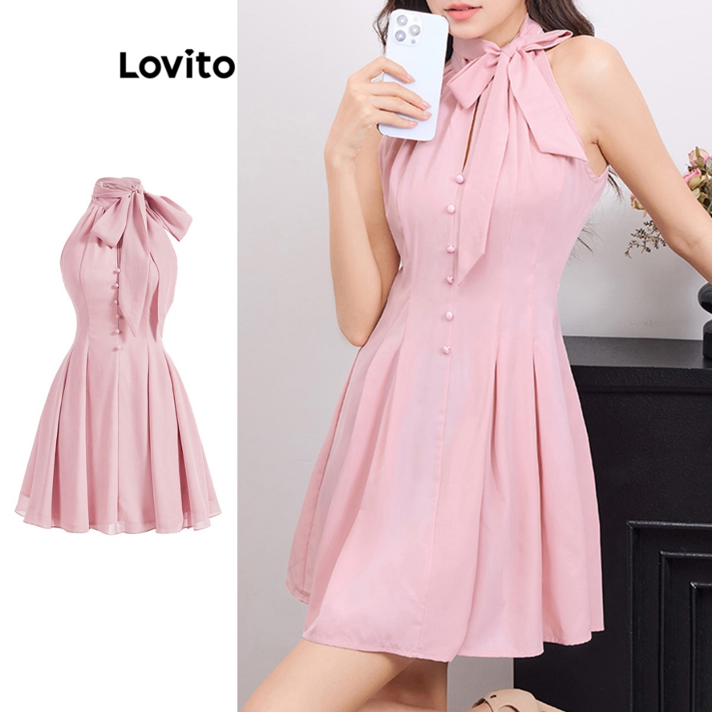 Lovito Vestido Elegante Com Gravata Lisa E Botão Frontal E Bainha Com Babados Para Mulheres L109MD529 - Women Clothes