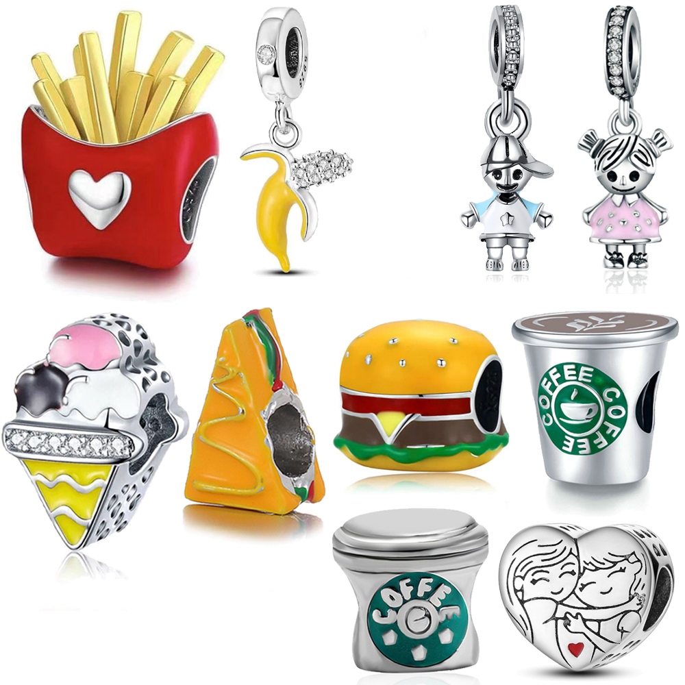 Berloque Prata 925 Pingente Charmes Amuletos Batatas Fritas Café Bijuteria Pendente Pulsei...