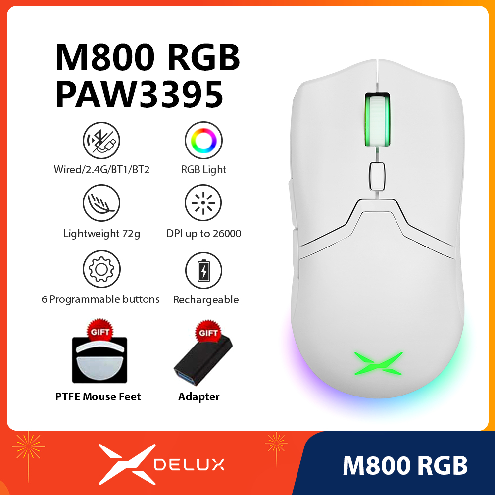 Delux M800 RGB PAW3395 26000DPI Bluetooth Recarregável Programável Sem fio Mouse para Jogos Com Ratos Ergonômico Branco - Computers & Accessories