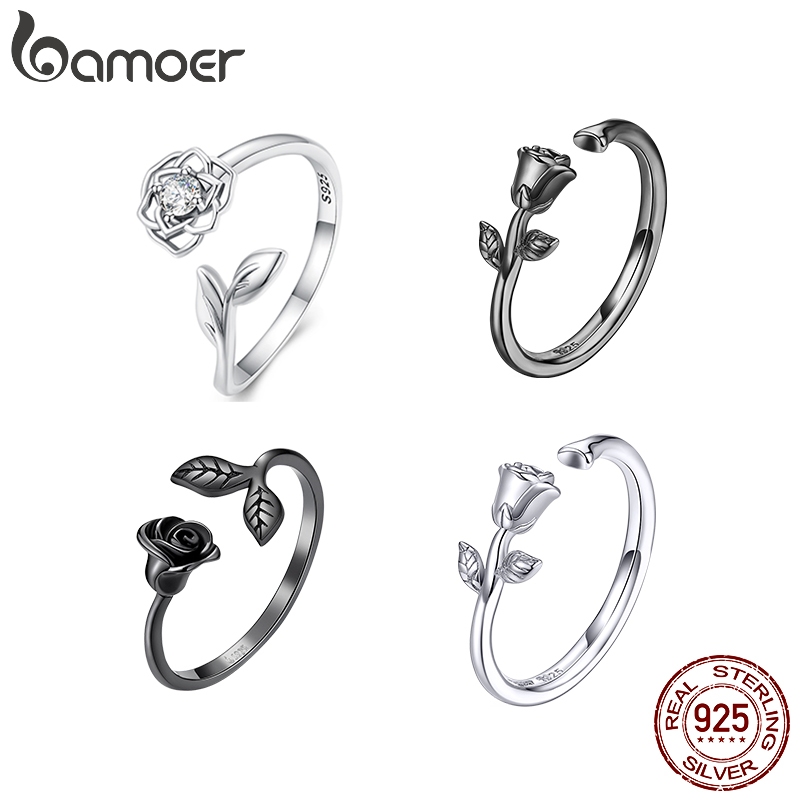 Bamoer 925 Rosa De Prata E Camélia Anéis De Abertura De Preta Para Presentes Femininos