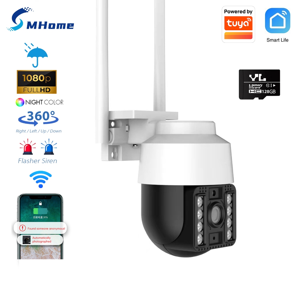 Câmera De Segurança Sem Fio À Prova D'água Externa Mhome Tuya , Com 360 ° PTZ , 1080P HD WiFi Visão Noturna Colorida