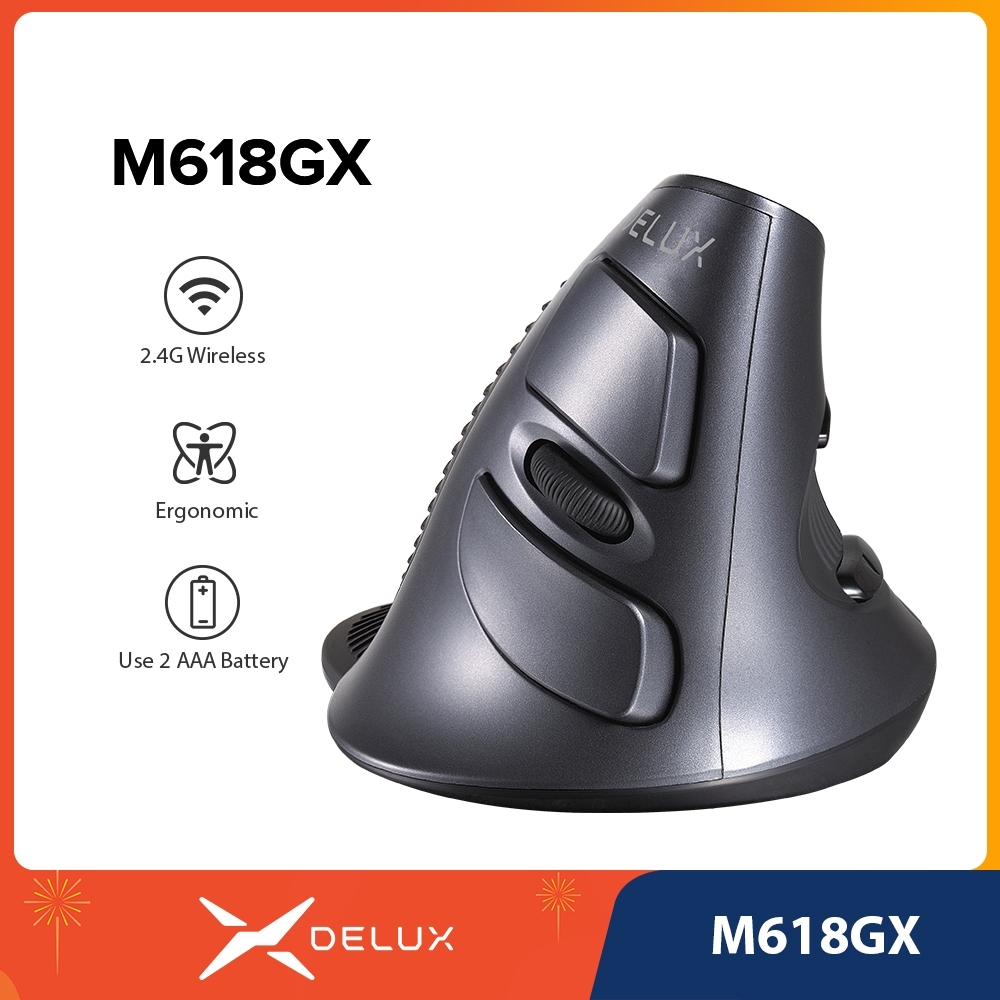Delux M618GX Mouse Óptico Ergonômico Vertical Sem Fio 6 Botões 1600DPI Para PC / Windows Mac / Escritório em Oferta na Shopee