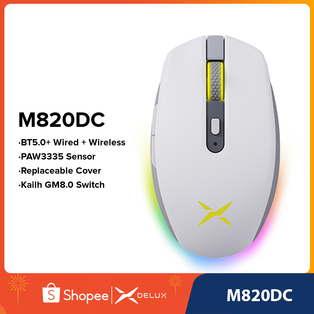 Rato Para Jogos Delux M820DC Sem Fio + RGB Recarregável Pmw335 DPI 32000 Mouse Bluetooth Windows Mac em Oferta na Shopee