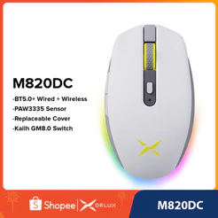 Rato Para Jogos Delux M820DC Sem Fio + RGB Recarregável Pmw335 DPI 32000 Mouse Bluetooth Windows Mac