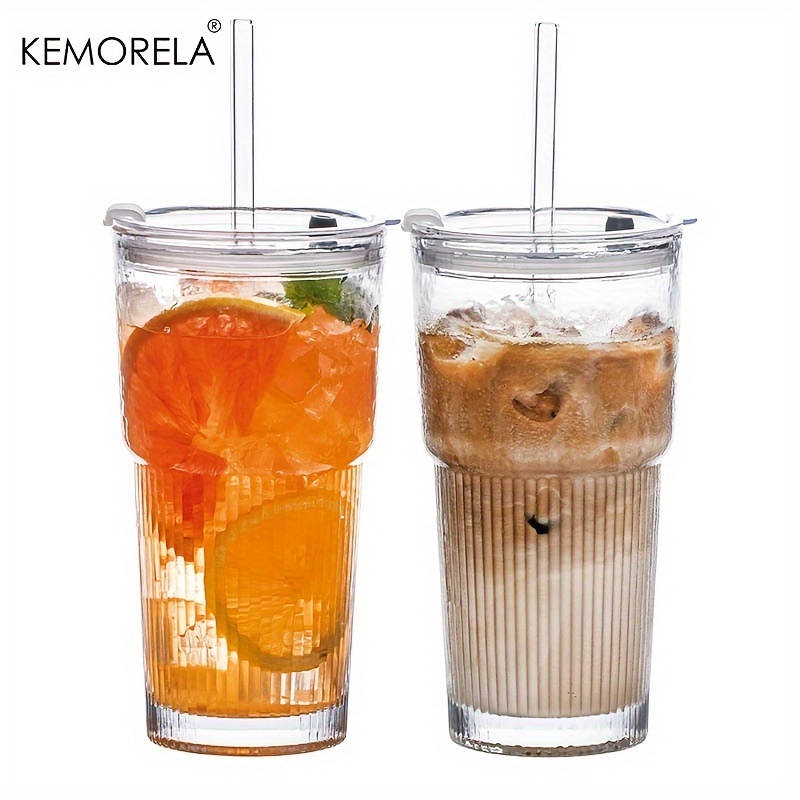 1/2 Unidades , Copos De Vidro Com Tampas E Canudos Elegantes Design Canelado Para Xícaras De Café Gelado , Suco , Smooth em Oferta na Shopee