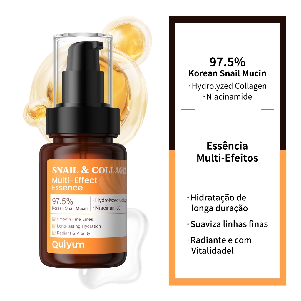 QUIYUM Caracol E Colágeno Essência Multiefeito Pele Radiante Hidratação De Longa Duração Niacinamida Iluminadora 100ml - Beauty