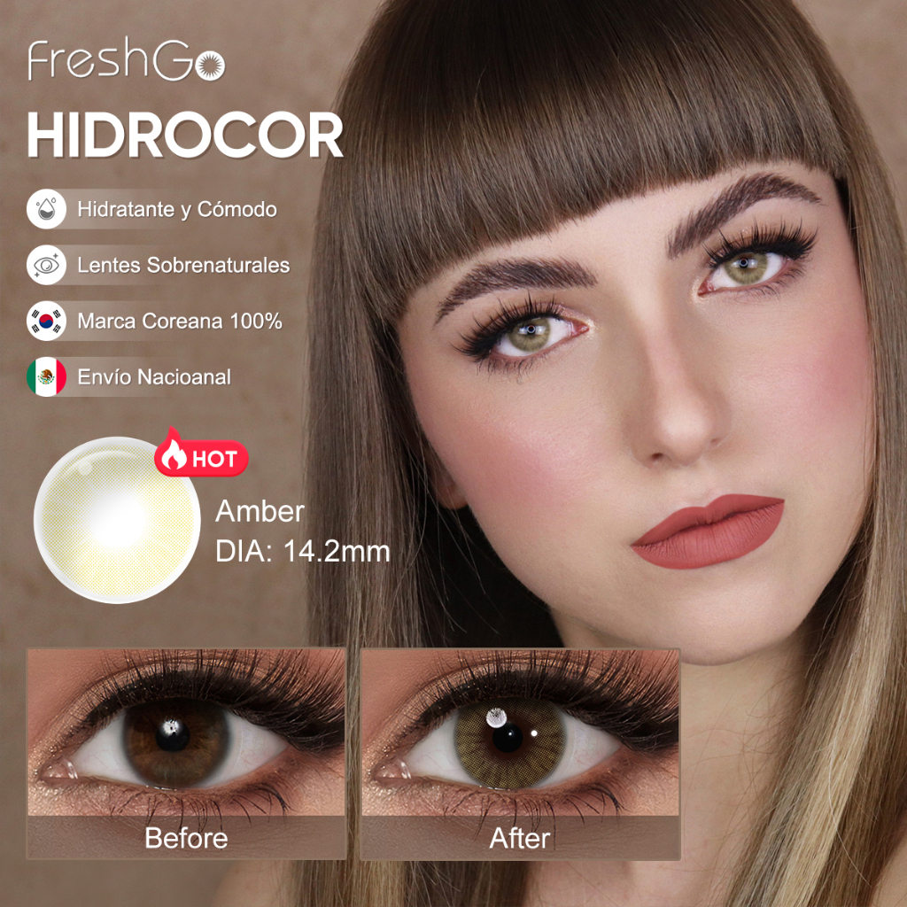 FreshGo Lente De Contato Colorida Anual 14.2-14.5mm Lentes Mel Avela Amber Verde 1 Par