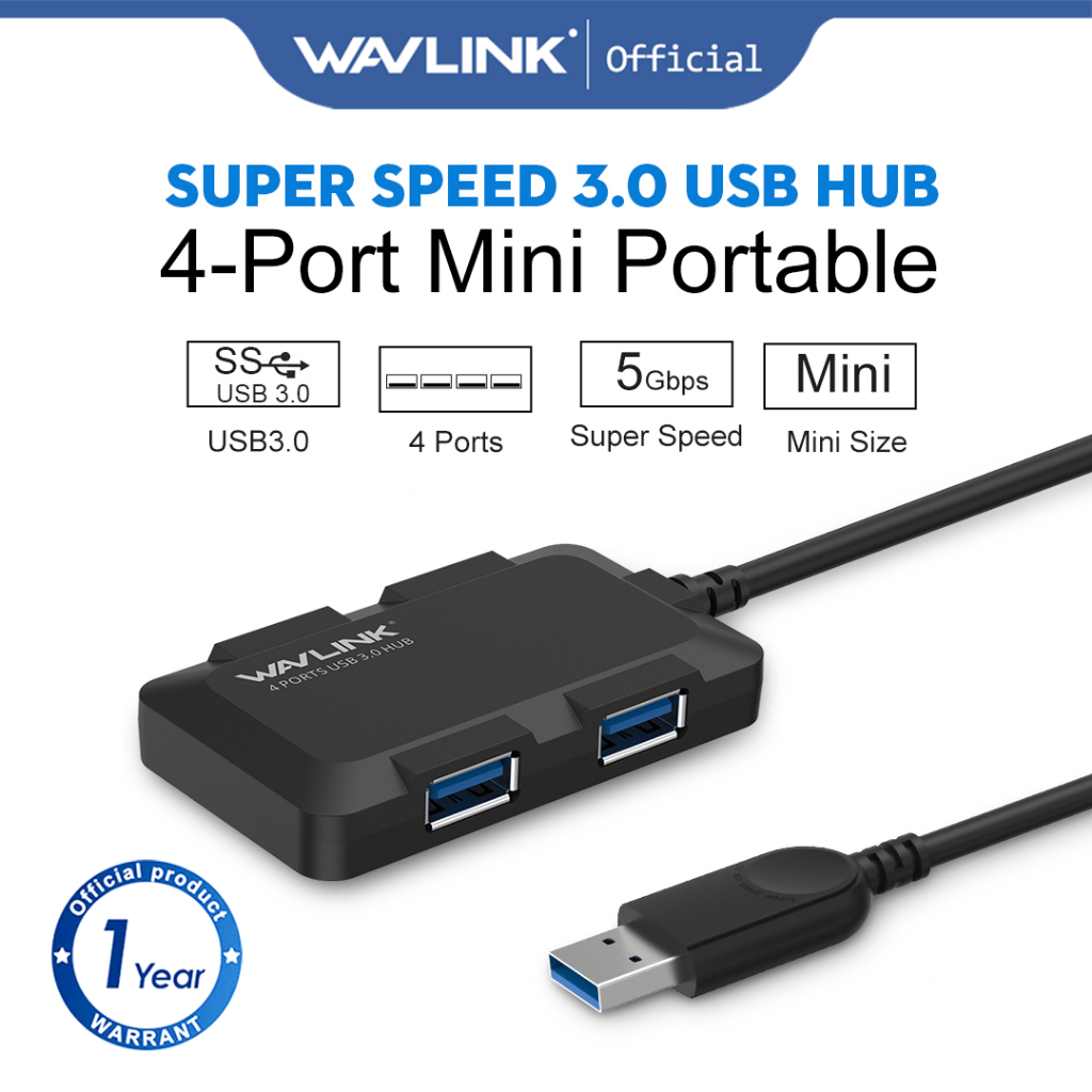 Hub USB 3.0 Portátil Compacto Wavlink De 4 Portas , Cabo USB3.0 Integrado Para Microsoft Windows E Mac