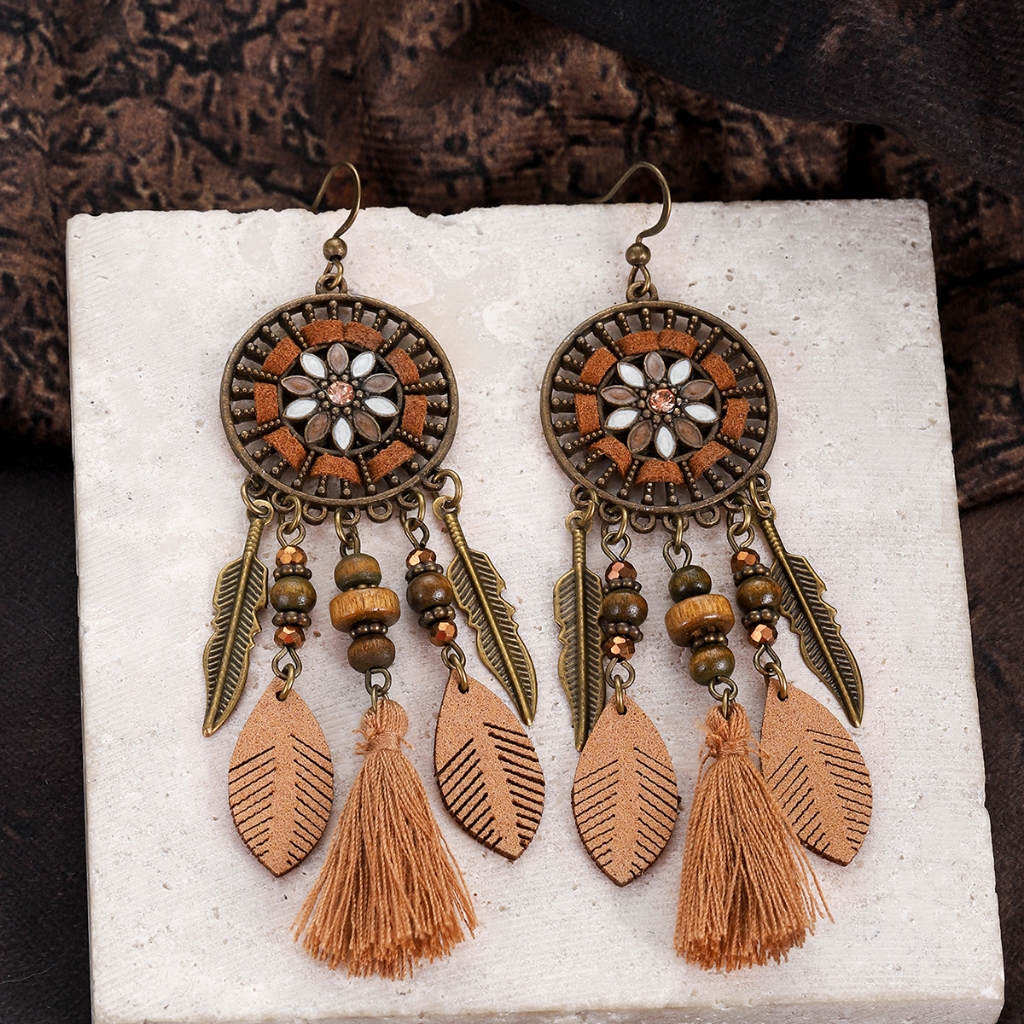 Vintage Bronze Redondo Flor Brincos Para Mulheres Boêmio Artesanal Contas De Madeira Folha Borla Étnico Femme Jóias