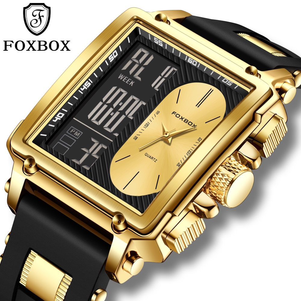 FOXBOX Relógio Digital Masculino Moda Quadrado Esportes À Prova D'água Luxo De Pulso De Quartzo