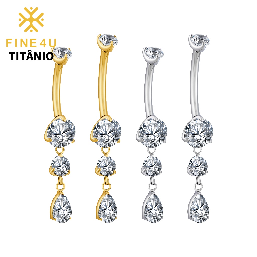 FINE4U Piercing Umbigo Titânio Com Pingente Zircônias 10/12mm Hipoalergênica Joia