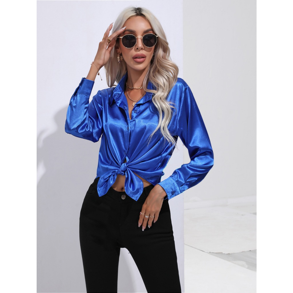 Camisa De Cetim Branca Feminina E Blusas Brancas Gira Botão DownCollar Tops Spring Casual Loose Long Sleeve Blusa Mulher Elegante Escritório Ladies Shirt Verde