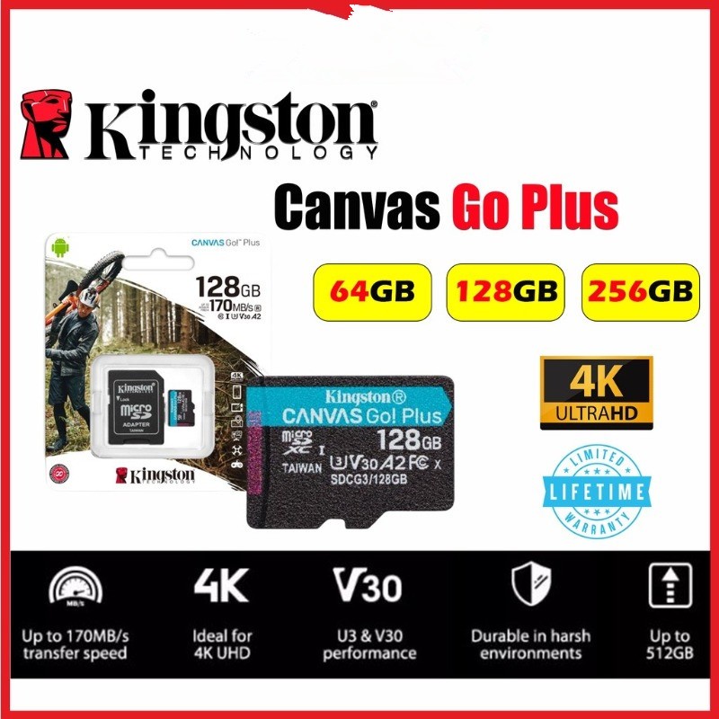 Cartão Micro SD Kingston Canvas Go Plus Com Adaptador (64 Gb/128/256/512) Classe 10 UHS-I U3 V30 A2