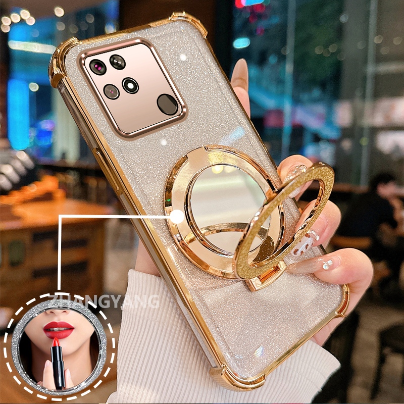 Capa Para redmi 10C Quatro Cantos anti-Queda Galvanizado glitter De Telefone Com Recursos Estéticos E Suporte De Espelho em Oferta na Shopee