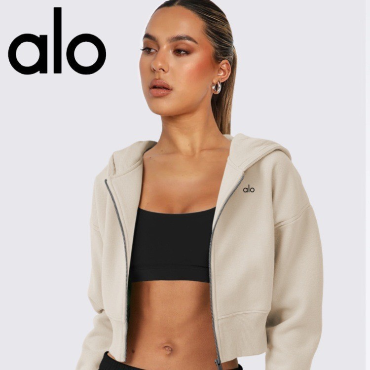 A.l.o moletom feminino rua europeu americano curto Cardigan com capuz roupas de Yoga zíper...