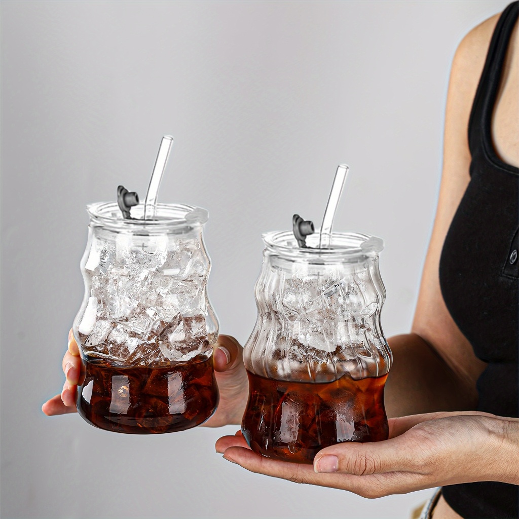 Copos Com Canudo De Vidro E Tampa , Conjunto De 18 Onças , Coquetel Bebidas Bolhas Onduladas Café Gelado Cerveja , Ideal em Oferta na Shopee
