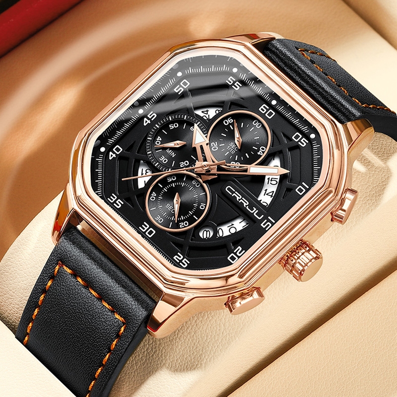 CRRJU Moda Luxo Pulseira De Couro Multifuncional Quartzo À Prova D'água Relógio Masculino 2314 XL - Watches