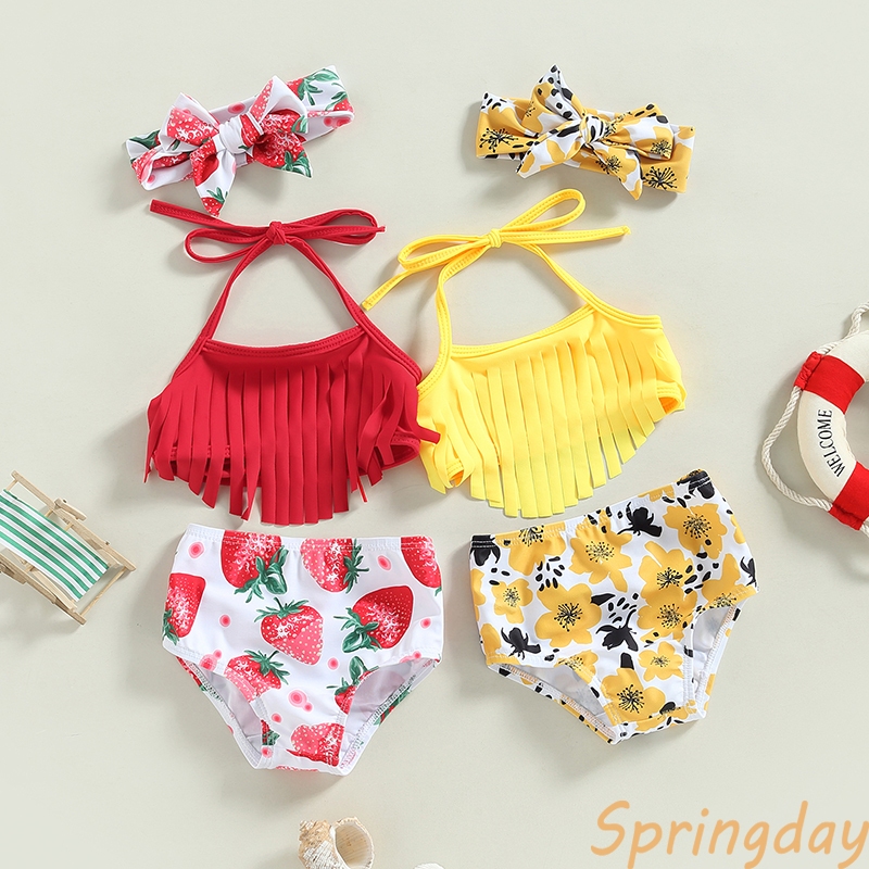 Maiôs Infantis Para Meninas 3 Peças Tops Com Borla E Shorts Estampa De Morango/Flor Faixa De Cabeça Verão,0-3 Anos