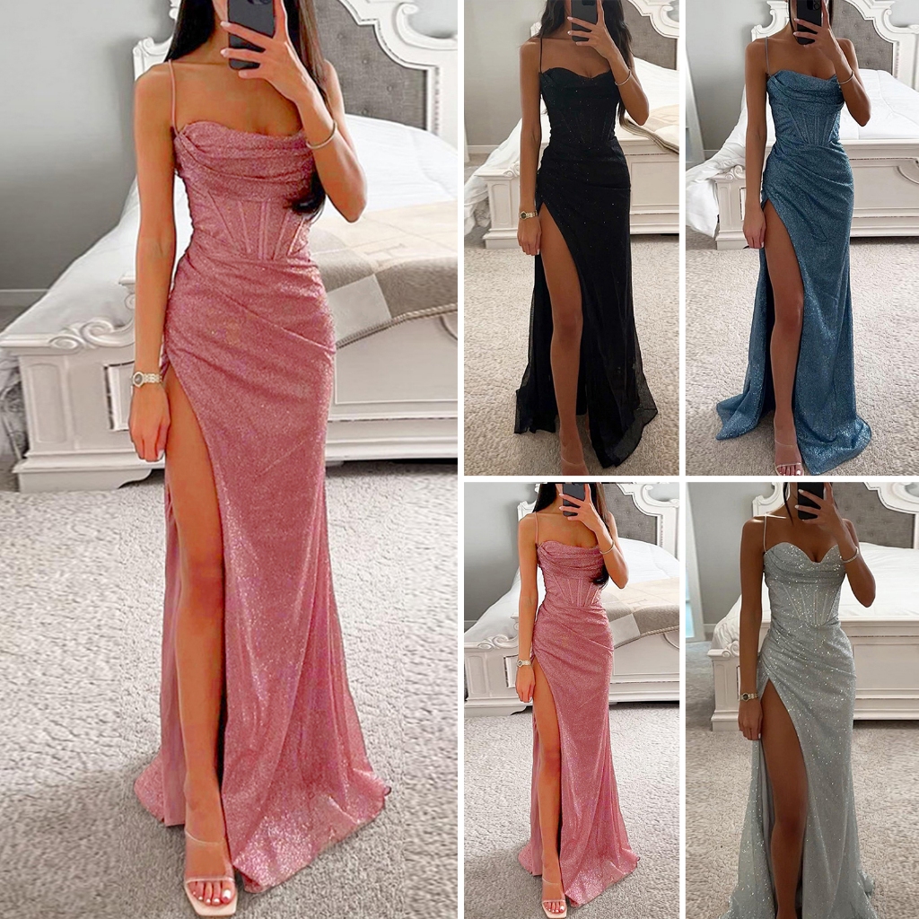 vestidos de noite das mulheres cintilante peito alto fenda solta cintura alta comprimento das senhoras vestidos de baile