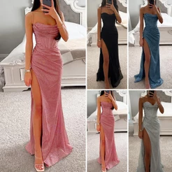 vestidos de noite das mulheres cintilante peito alto fenda solta cintura alta comprimento das senhoras vestidos de baile
