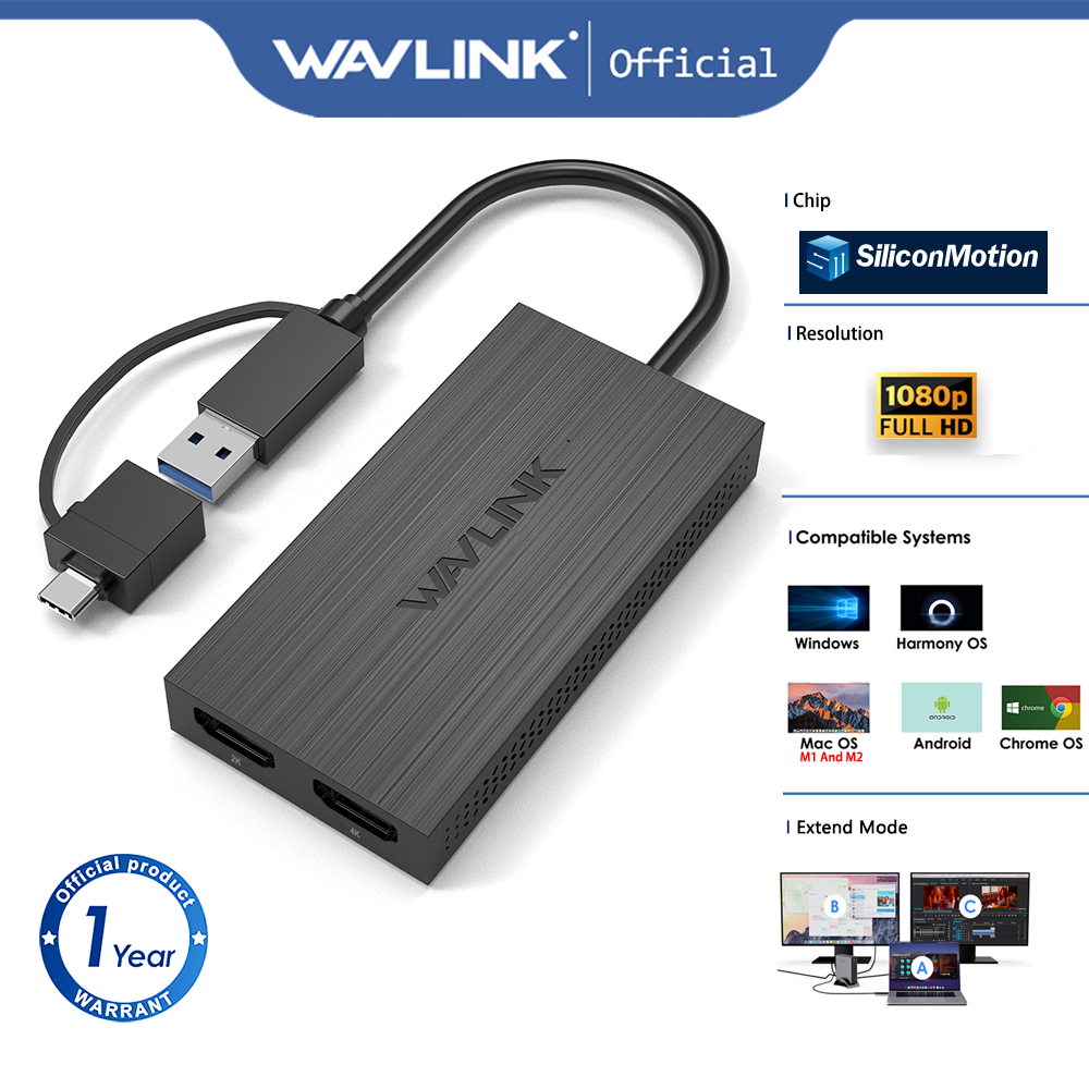 Adaptador WAVLINK USB 3.0 Para HDMI Duplo Saída De Exibição 2K USB3.0 Tipo C Suporta Windows MacOS m1 m2 m3 Chrome Andro