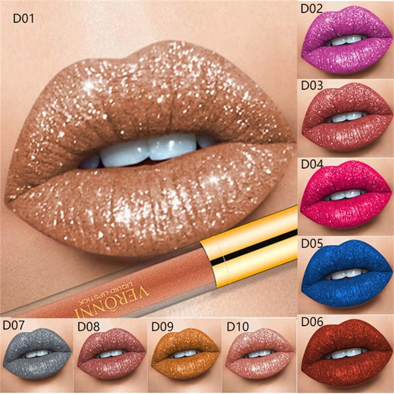 VERONNI 10 Cores Sexy Glitter Diamante Lip Gloss Shimmer Maquiagem Labial De Longa Duração À Prova D'água Metálico Pérol em Oferta na Shopee